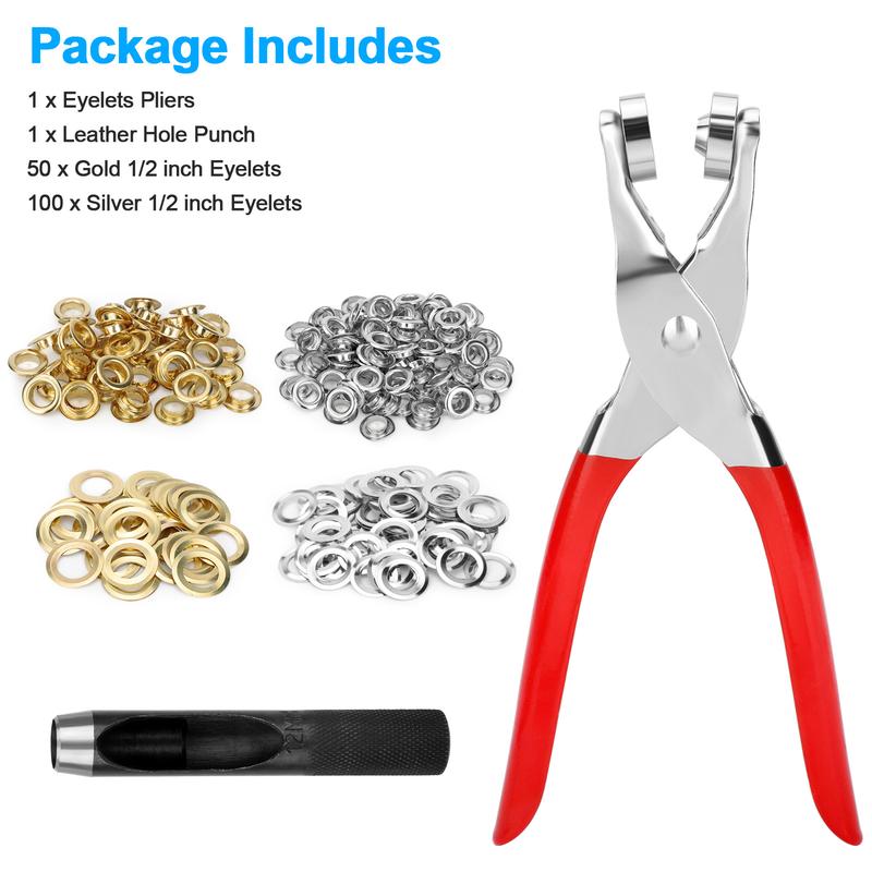 150Pcs Grommet Tool Kit w/ Eyelet Pliers - 1/2 inch Eyelets w/Leather Hole Punch,Eyelet Grommet Hand Press kit for Leather Belt Shoes Crafting repair