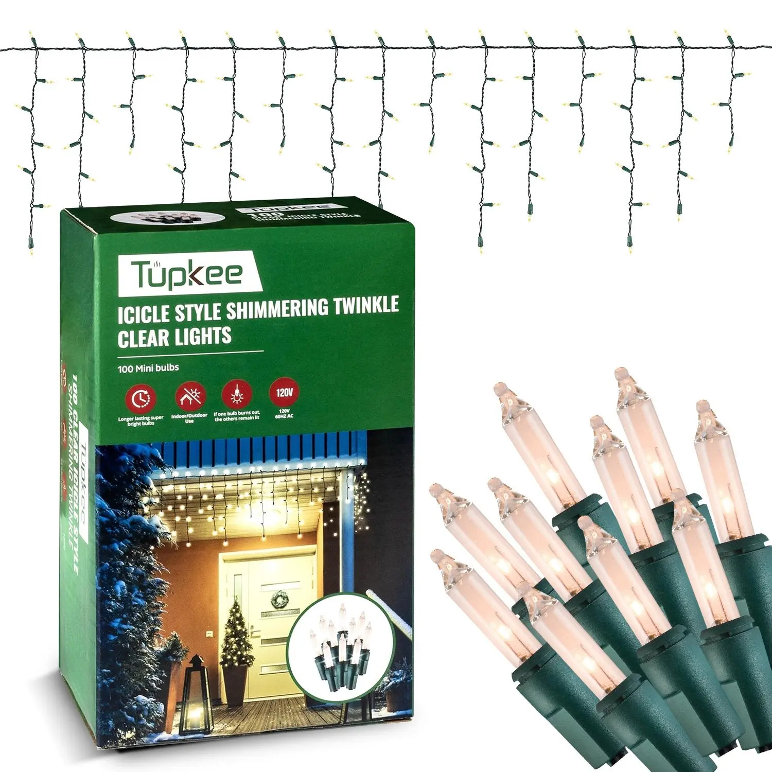 Tupkee Christmas Twinkle Icicle Lights, 100 Incandescent Bulbs, 7 ft String Lights, 12 Random Twinkling Bulbs, Indoor & Outdoor Decor