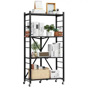 4-Tier Foldable Metal Storage Shelf – 28x13x54 Inch, No Assembly Rack with 5 Wheels & 4 Hooks for Pantry, Kitchen, Garage