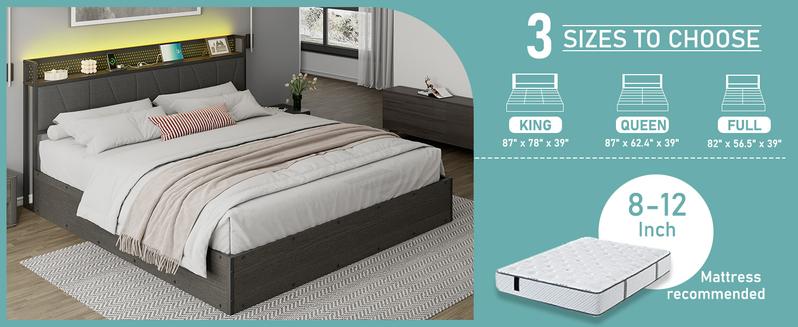 AMERILIFE Lift Up Storage Bed Frame with Linen Upholstered Headboard, Modern Platform Bed Frame with Charging Station and RGBW LED Lights,Best Gift Ideas/Christmas Gifts