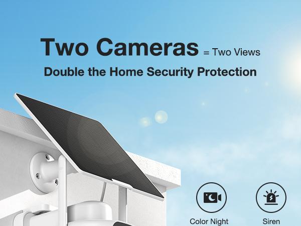 Dual Lens Solar Security Cameras Wireless Outdoor, 2K Full HD Video, 360° View Pan/Tilt Home Security Camera with Color Night Vision, Easy to Install, PIR Alarm, 2.4GHz WiFi