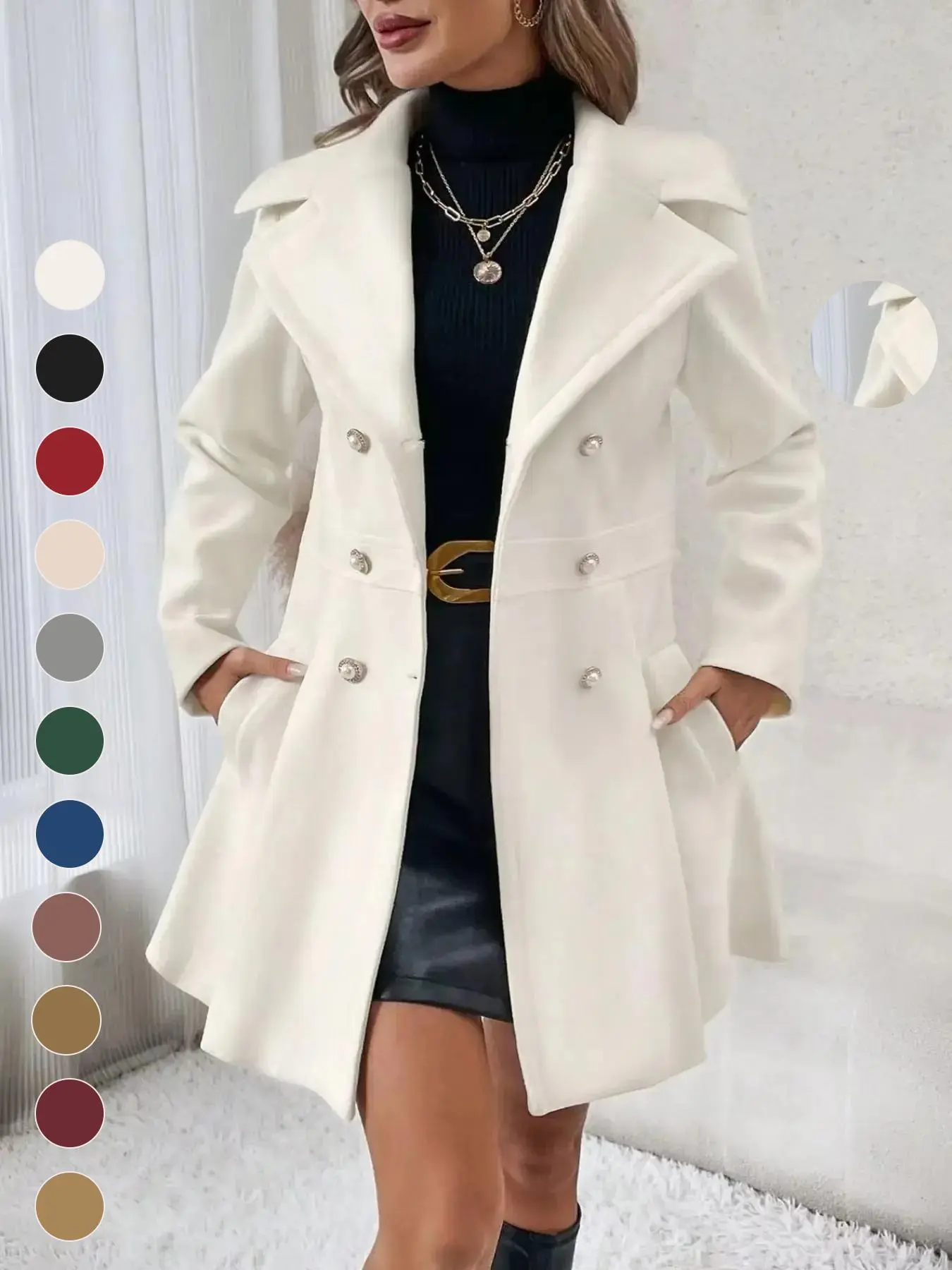 Women's Solid Double Button Pocket Overcoat Jackets, Casual Long Sleeve Lapel Neck Outerwear for Fall & Winter, Women's Clothes for Daily Wear, Clothing for Women, Cute Tops