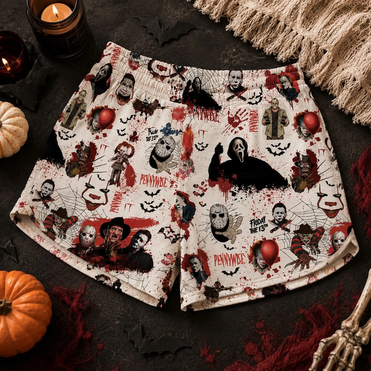 Women's Horror Halloween Movie Inspired Lounge Shorts, Slasher Fans Gift, Spooky Pajama Bottoms, Summerween Sleepwear, Halloween Gift for Women