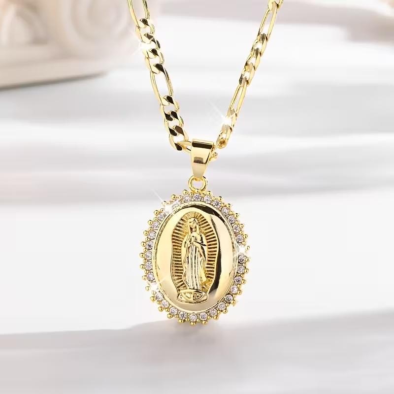 14K Gold Plated Virgin of Guadalupe Pendant Necklace with Durable Cubic Zirconia for Daily Wear Parties and Special Occasions