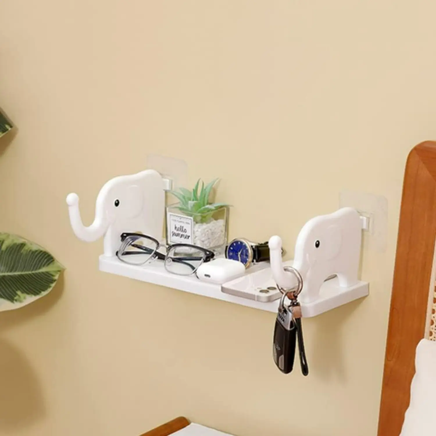 Durable Elephant-Shaped Multifunctional Storage Shelf with Wall Hook - Minimalist Floating Shelves, Unique Decor for Bedroom, Small White Home Organizer (1PC, Elegant White)