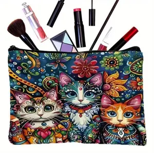 Vibrant Cat Print Cosmetic Bag with 3 Adorable Cats and Floral Design