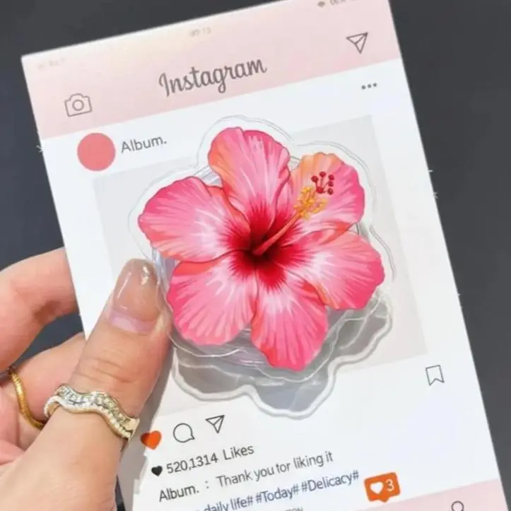 Cute Pink Hibiscus Flower MagSafe Phone Grip – Magnetic Phone Holder & Kickstand – Tropical Summer Phone Accessory