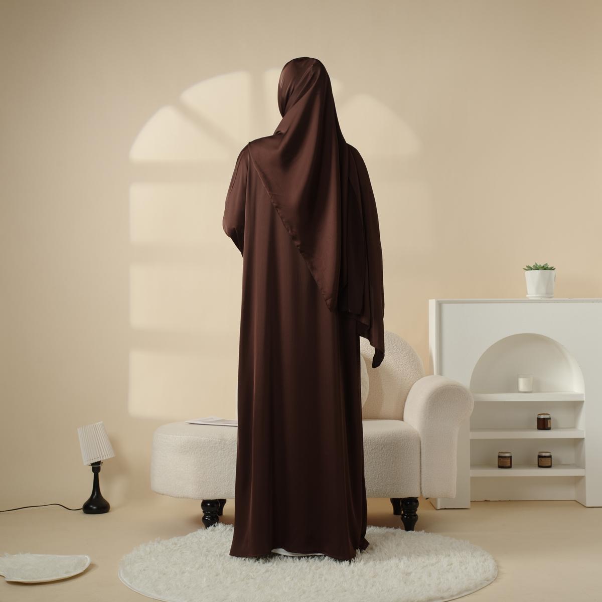 Poet Sleeve Satin Abaya Set | 4-Piece Satin Design | Shimmering Gem Details | Includes Open Abaya, Fitted Inner Dress, Hijab, Belt | Side Pockets & Round Neckline | Full-Length Elegance | Perfect for Weddings & Formal Events | elegant maxi winter jilbabs