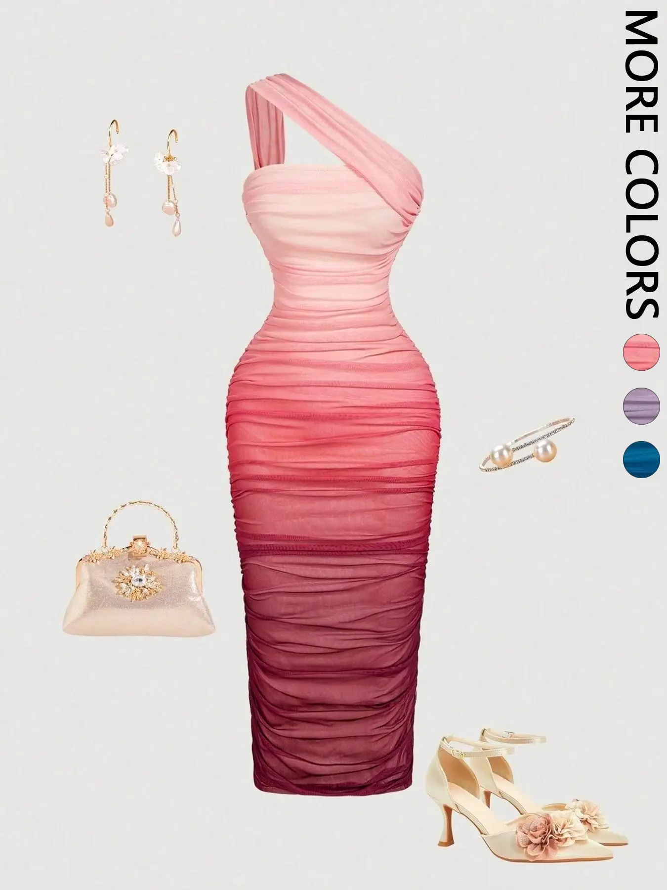 Women's Spring/Summer Ombre One-Shoulder Midi Dress, Ruched Mesh Bodycon Slim-Fit, Elegant Chic Style for Wedding Guest, Cocktail Party & Date Night, Dresses for Party