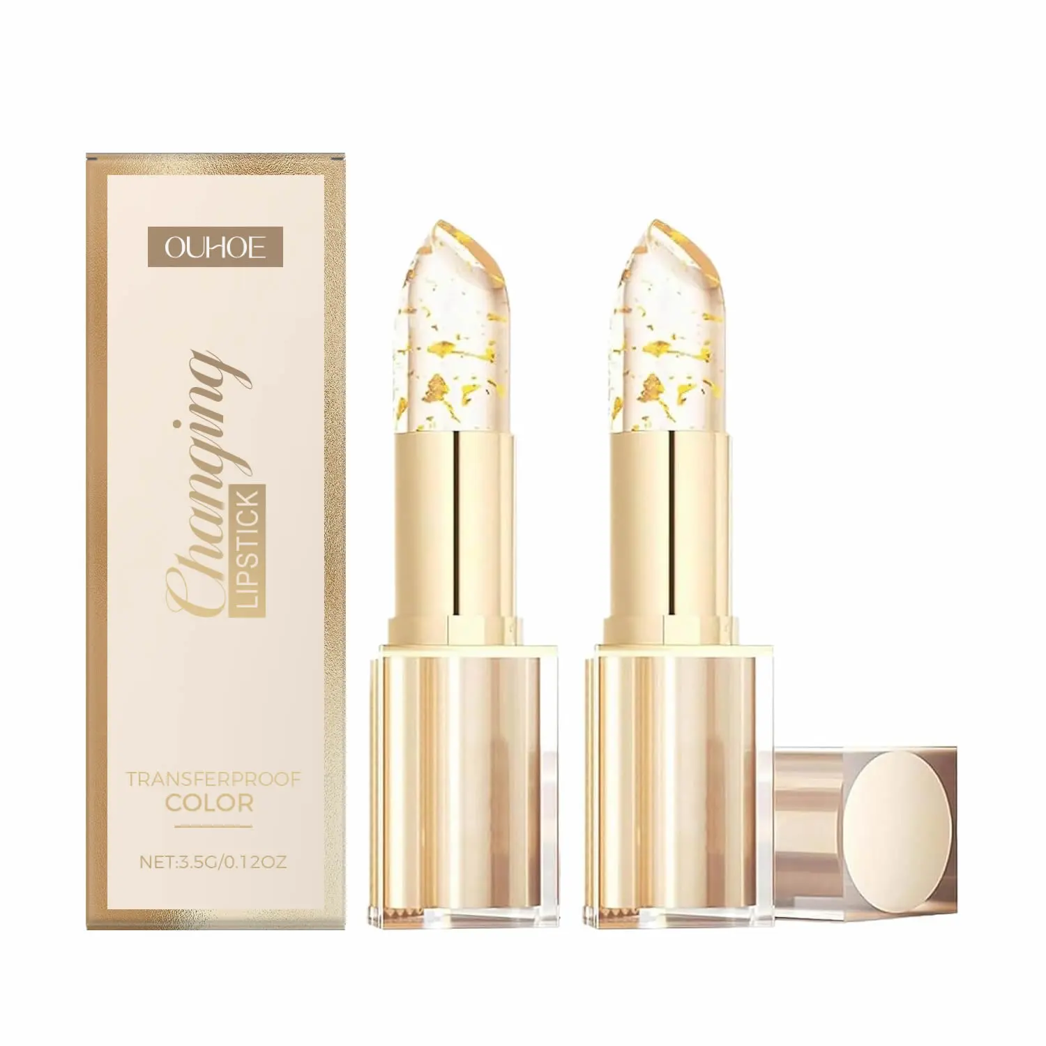 2Pcs Transferproof Color Changing Lipstick, Gold Crystal pH Color-Changing Lipstick 24 Hours Long Lasting & Moisturizing Lip Gloss, Clear Lip stick for Women, Birthday Mothers Day Gifts