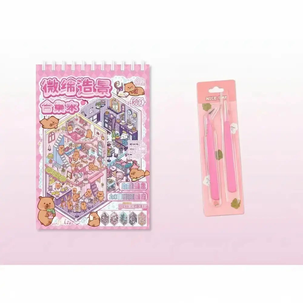 Creative Scene Sticker Book & Mini Tweezers Set Bundle, Scenes Stickers, 30 Paper Sheets with 2 Metal Tweezers, DIY Scrapbooking and Journaling Tools, DIY Craft Kit in Purple and Pink