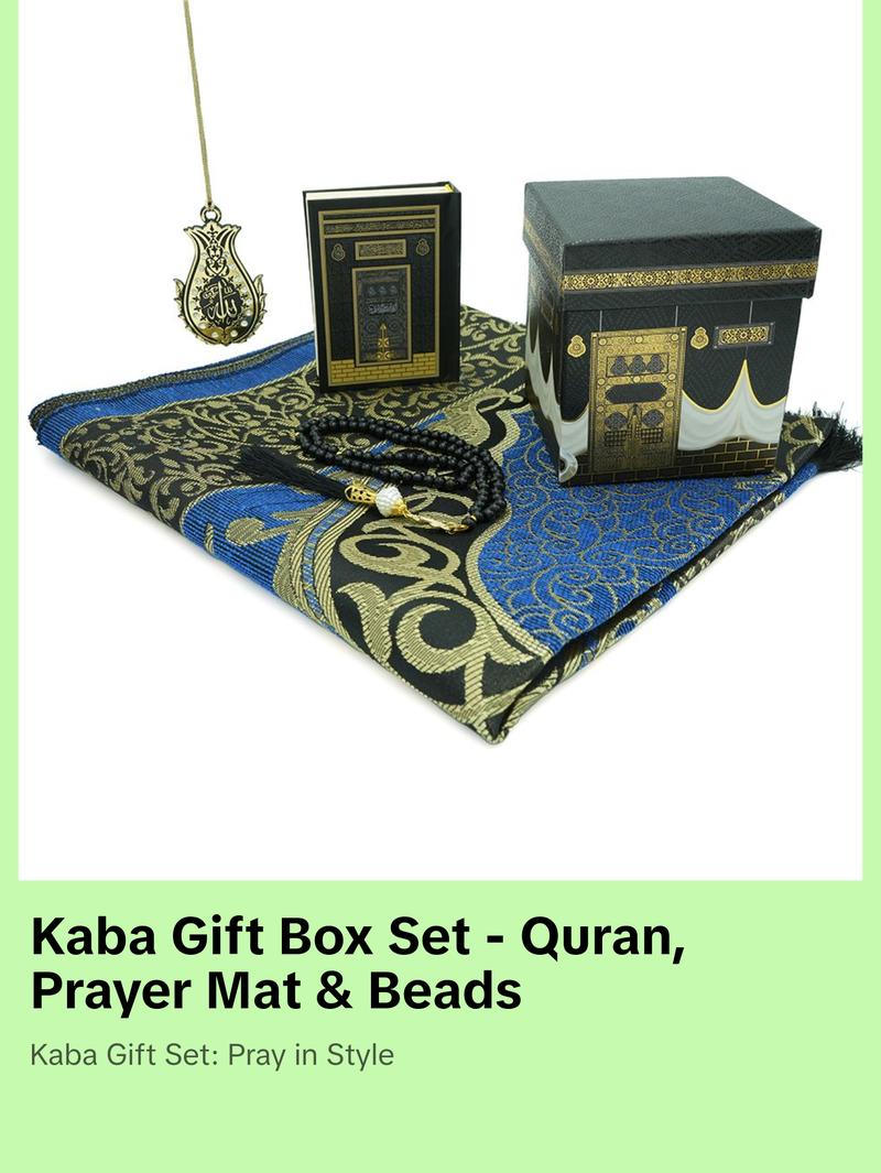 Kaba Gift Box Set - With Prayer Mat, Quran, Prayer Beads, & Car Hanger - Blue