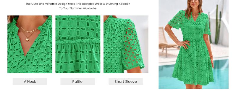 PrettyGarden 2025 Trendy Short Sleeve Mini Dress | V-Neck Eyelet Ruffle Dress | A-Line Swing Summer Outfit | Chic Hollow Out Dress for Women Minimalist