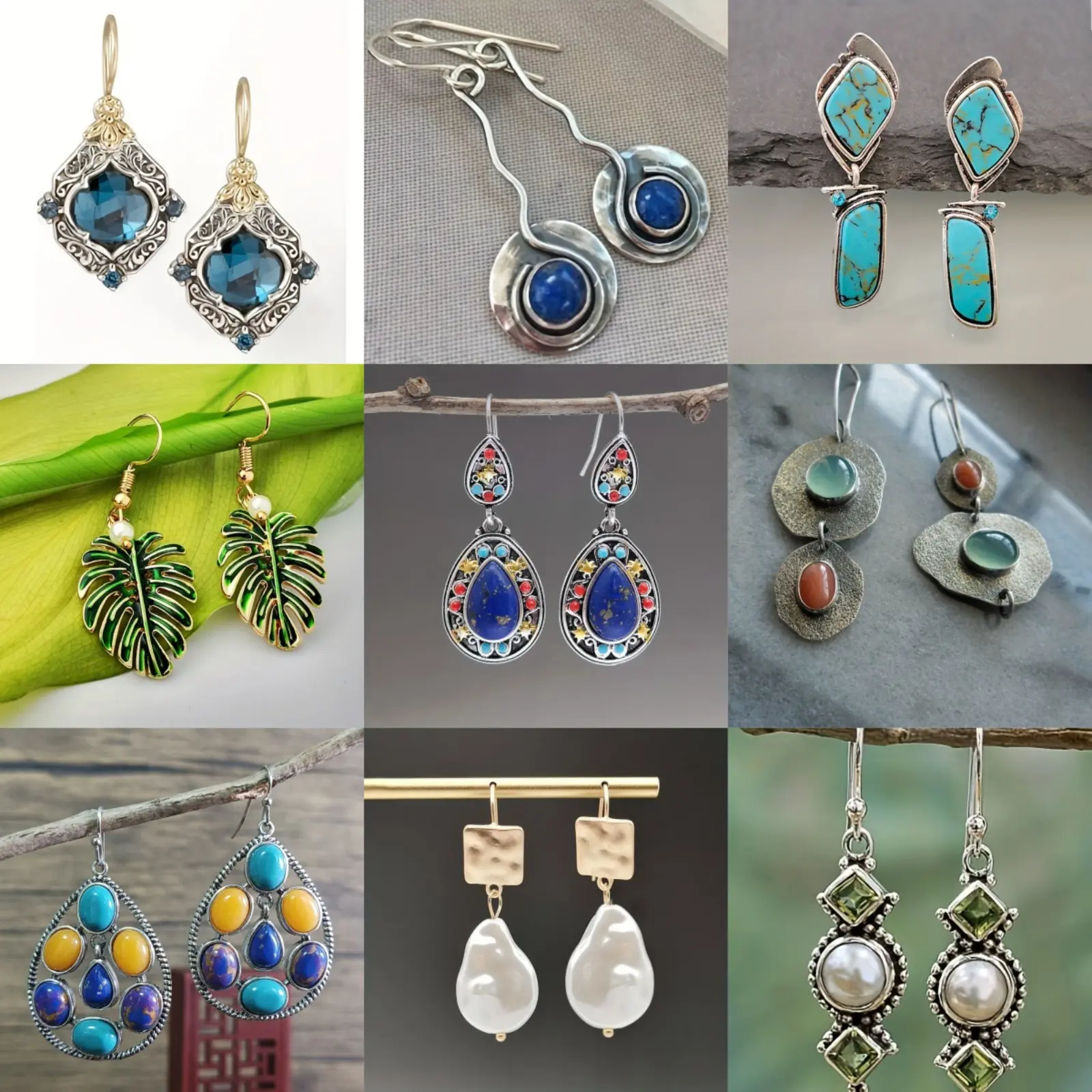 Vintage Boho Drop Earrings with Natural Stone, Unisex Elegant Jewelry with Blue Crystal and Enamel Accents, Gemstone Earrings, Unique Design Earrings