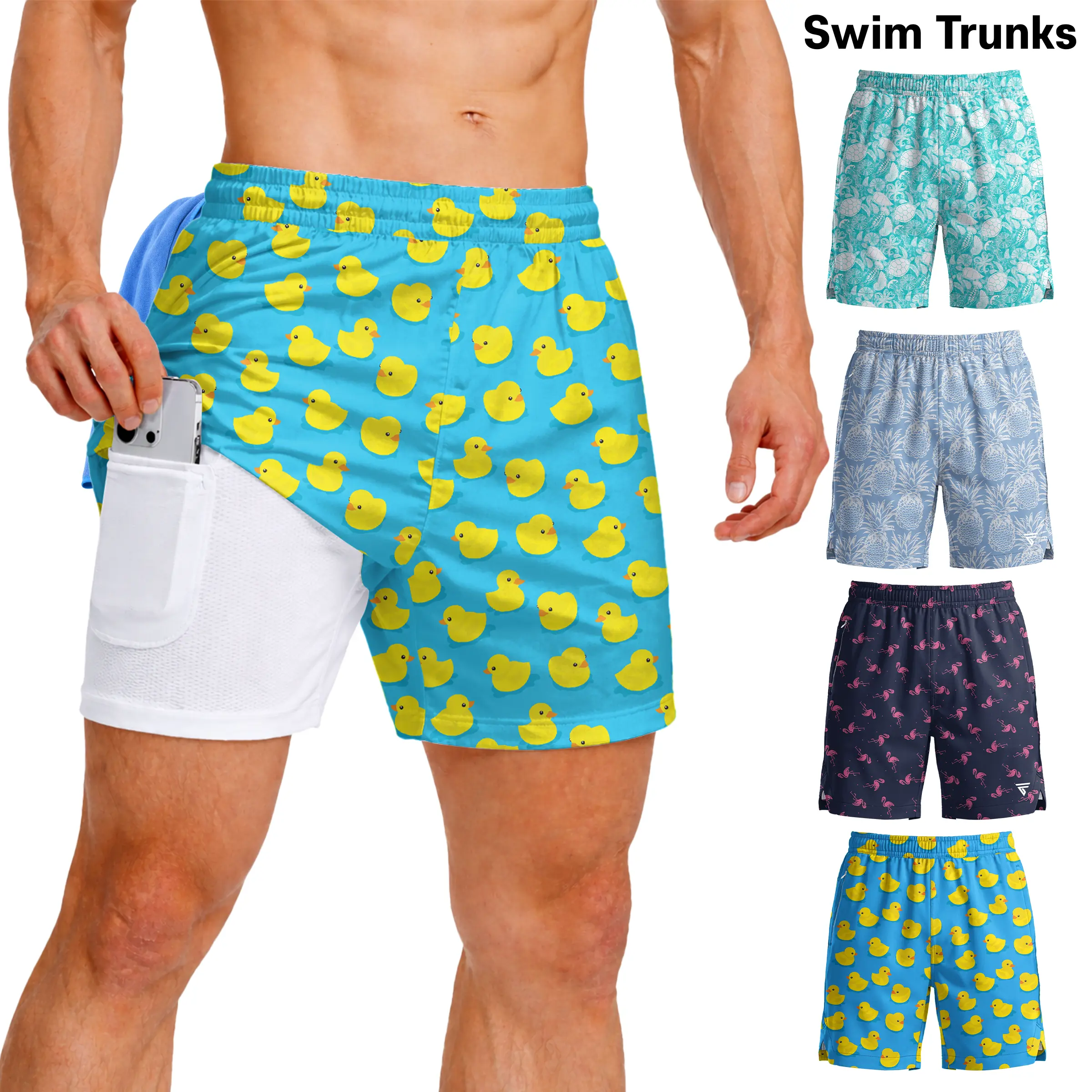 Men’s 7-in Athletic Swim Trunks - 2-in-1 Shorts Swimwear with Compression Liner, Pockets, Adjustable Waist Drawstring, Stretch Quick-Dry Breathable Swimmertrunks for Swimming, Beach, Breathable Trunks