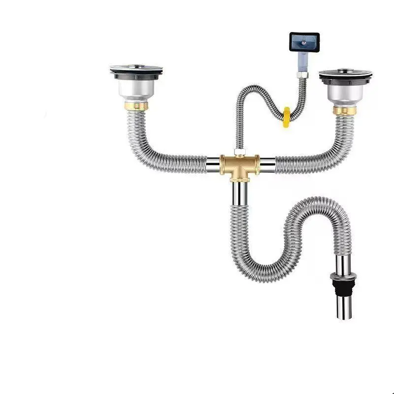 Stainless Steel Double Sink Drain Pipe, Modern Anti-odor & Anti-rat Bite Kitchen Sink Drain Pipe, Easy Installation Kitchen Fixture Accessories