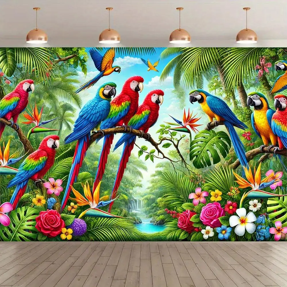 Durable Polyester Tropical Rainforest Parrot Print Backdrop Tapestry - Indoor, Outdoor Happy Birthday, Christmas Ceremony Decor, Studio Party Props (No Electricity Needed)