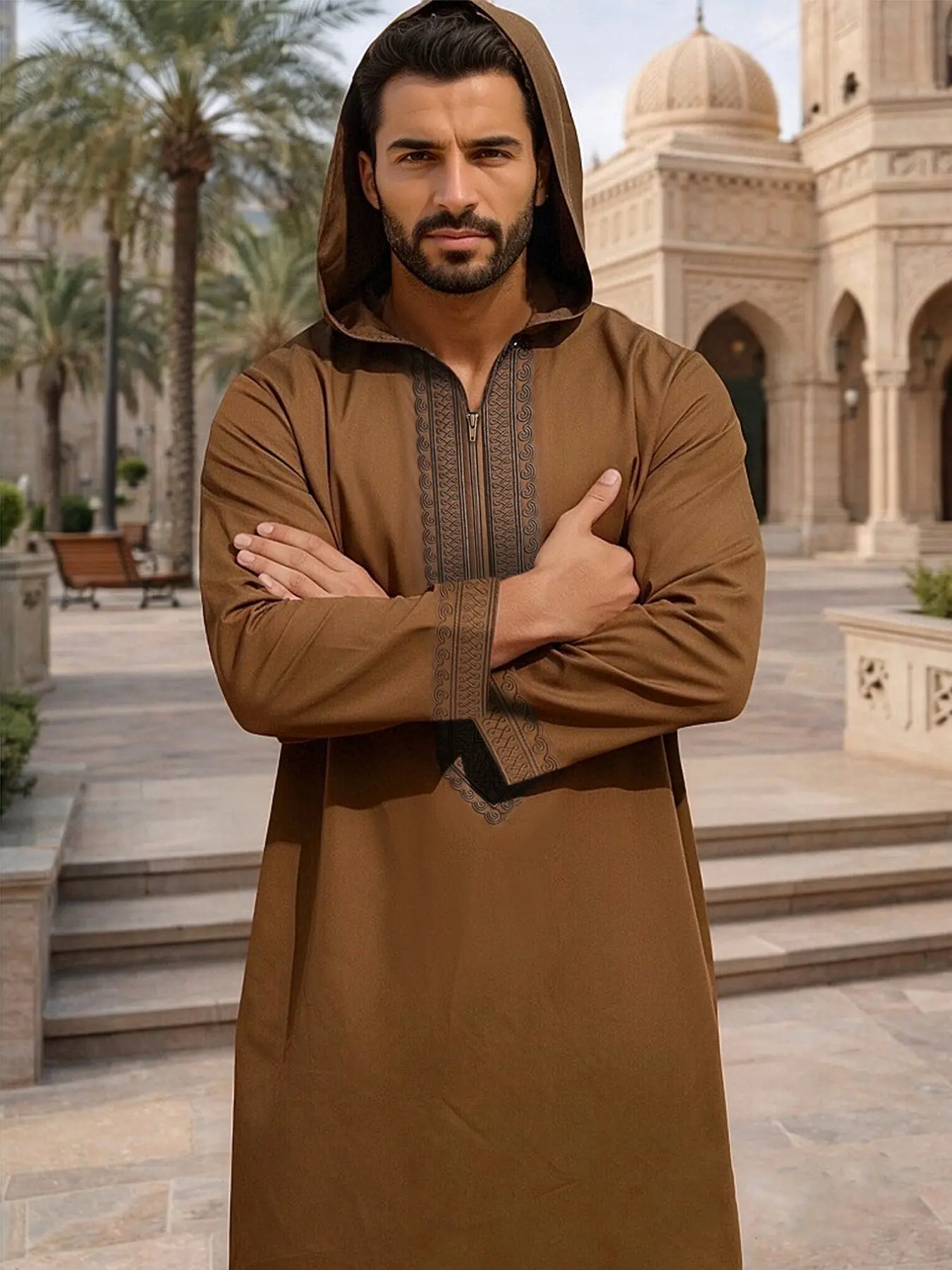 Men's Middle Eastern Traditional Clothing, Islamic Robe, Muslim Thobe, Modesty Hooded Thobe with Zipper, Premium Traditional Thobe, Arabic Style Embroidered Long Thobe for Eid & Kurban