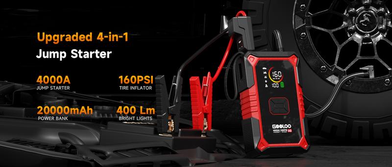 GOOLOO A5 Jump Starter with Air Compressor, 4000A Car Battery Jump Starter (All Gas/10.0L Diesel) with 160PSI Tire Inflator Auto-Off, 45W Output Power Bank, 12V Jump Box Car Jumper Starter Portable