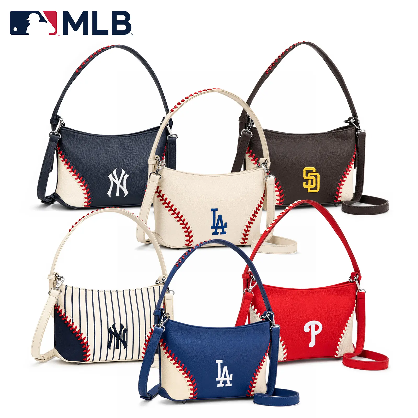 MLB Crossbody Shoulder Bag for Women, Baseball Stitch Pebbled PU Leather Purse with Top Handle & Detachable Strap, Sporty Game Day Handbag 121