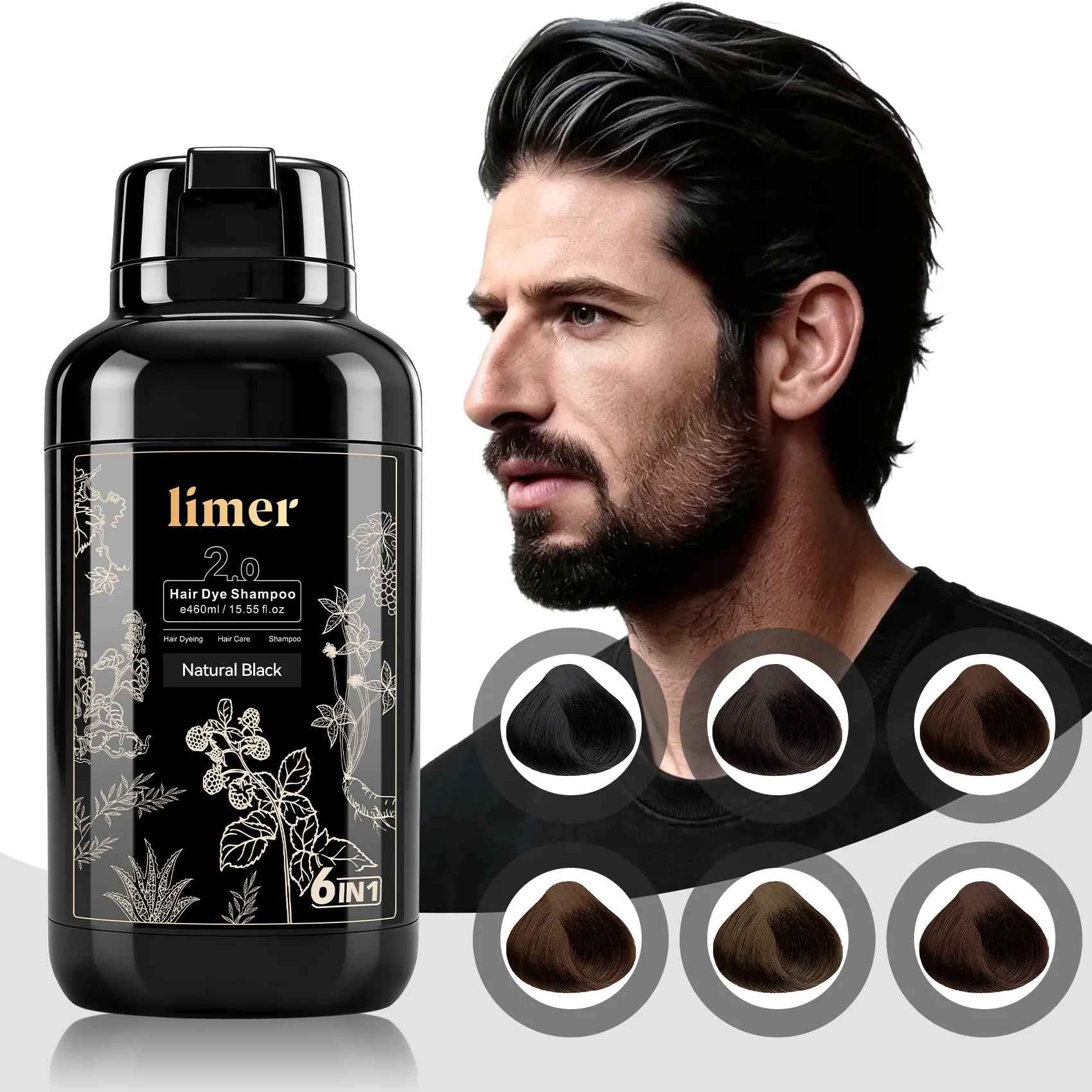 Limer 6-in-1 Men Hair Dye Shampoo, No Bleach Herbal Color, Ammonia-Free Grey Coverage Hair Products, Long-Lasting Haircare, No Bleach Hair Color,back to school