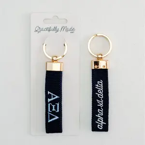Alpha Xi Delta Embroidered Keychain with Gold Hardware Double-Sided Sorority Letters & Name Script Accessory Sorority