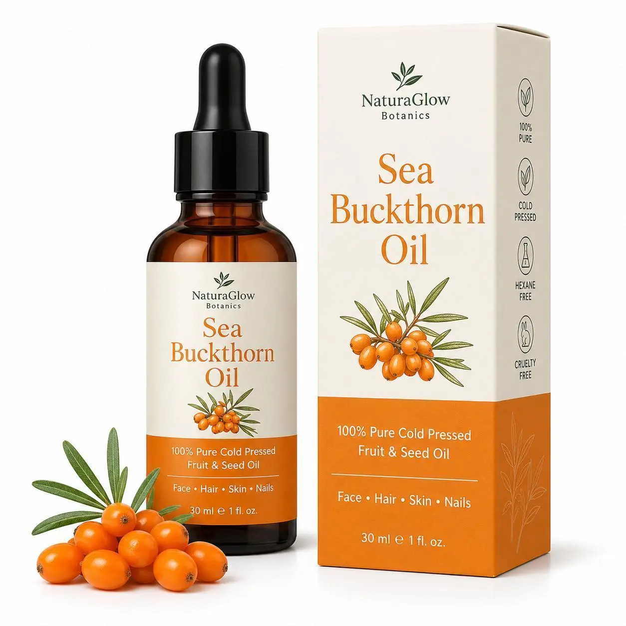 Sea Buckthorn Oil, 100% Pure Cold-Pressed Fruit & Seed Oil for Face, Hair, Skin & Nails, Lightweight Moisturizing Oil for Radiant Glow