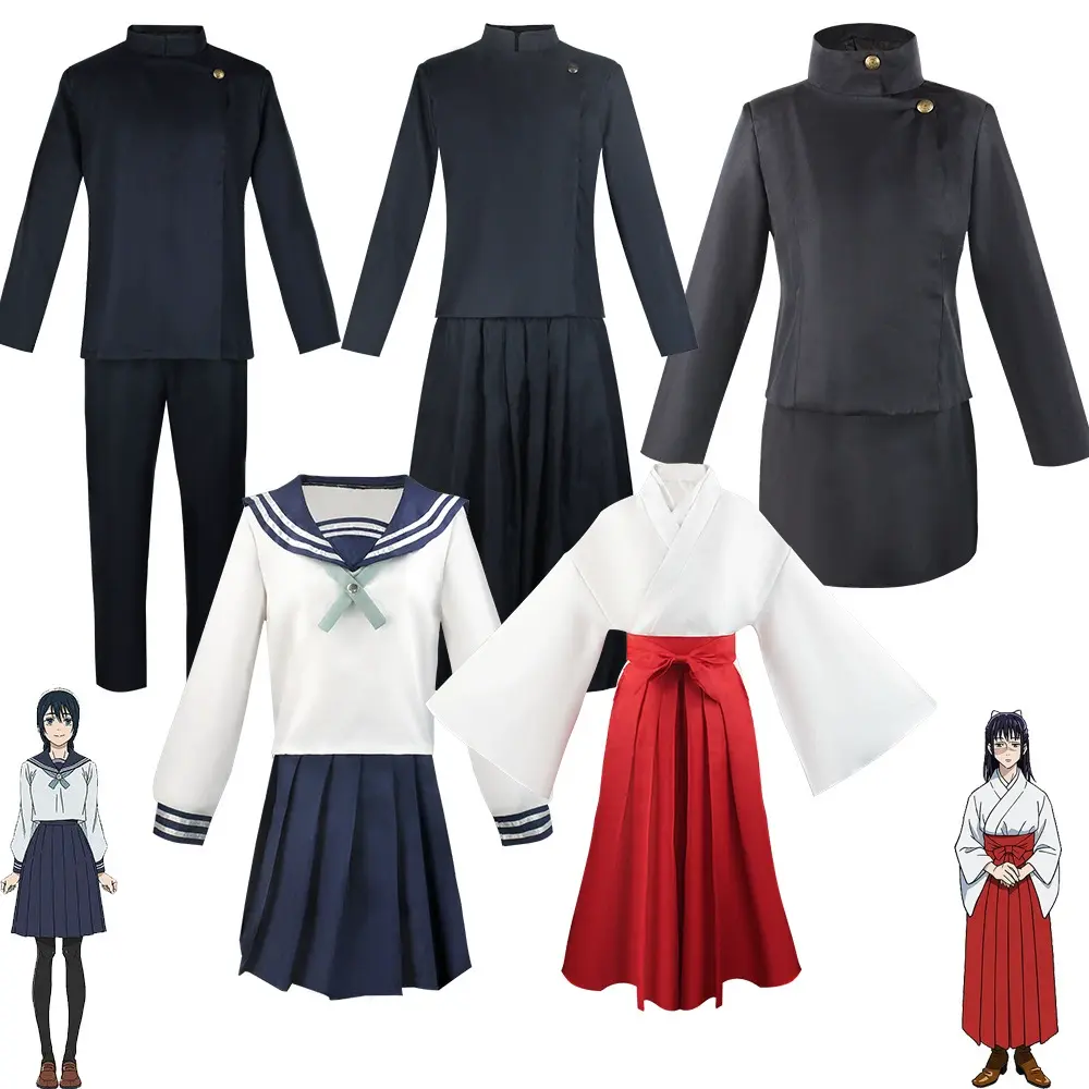 Women's Cosplay Costume Set - Traditional Jujutsu Kaisen Japanese School Uniform or Miko Kimono, Casual Solid Colors with Accessories for Halloween, Conventions