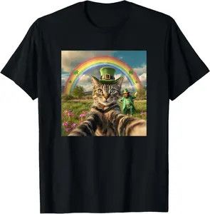 Cotton St Patricks Day Cat Selfie with Leprechaun Funny Photo TShirt