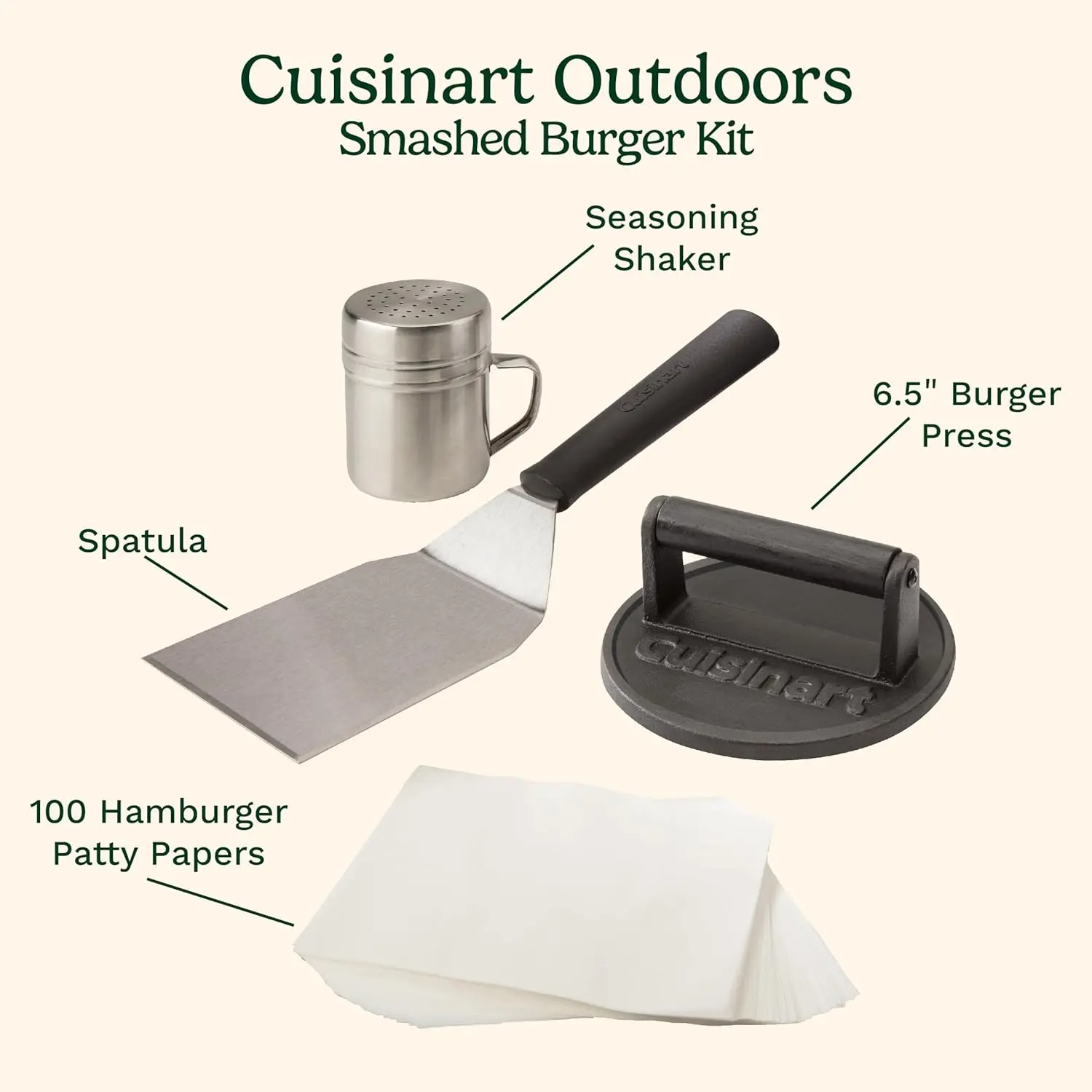 Cuisinart Smash Burger Kit, Cast Iron Press, Spatula, Seasoning Shaker and Patty Papers for Perfect Cookouts, Barbecues and Tailgates