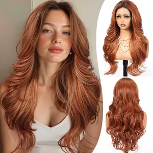 HAIRCUBE 13x4 HD Lace Front Synthetic Auburn Wig for Women 26 Inch,Heat Resistant Long Wave Layered, Glueless Lace Front Wigs