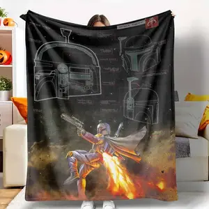 Soft Funny Throw Blanket Boba Flannel Blanket Mandalorian Warrior Blueprint Art Ultra Soft & Warm Lightweight & Cozy Perfect for Movie Nights Scifi Enthusiasts Gaming Room Travel Companion Birthday Gift Holiday Present Outer Space Theme Decor.
