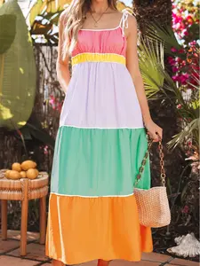 Multicolour Colorblock Self-tie Straps High Waist Flowy Maxi Dress with Pockets, Casual Summer Cotton Boho Long Sundress for Women, Beach Vacation Outfit, Spaghetti Strap A-Line Party Dress