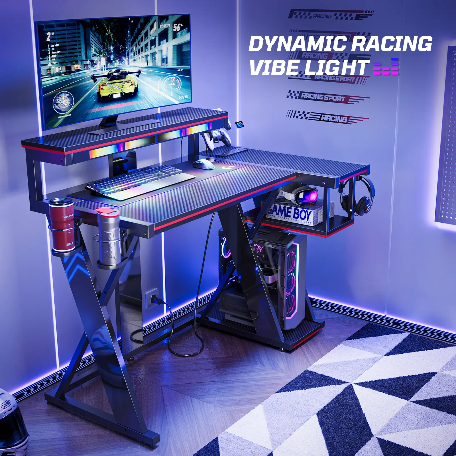 Bestier Modern 42-in Black-on-Black L-Shaped Gaming Desk - RGB Lighting Music Sync, 3 AC Outlets, 1 USB-C Port, Dual Foldable Cup Holders, Dual Monitor Stand, 6 Adjustable Colors, 7 Dynamic Modes, Spacious for Gaming Layouts