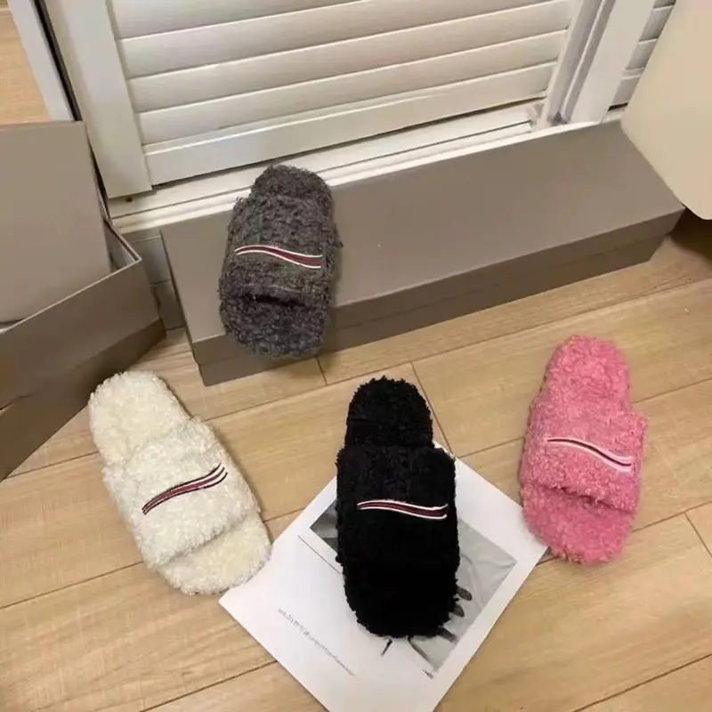 2026 Unisex Fluffy Plush Fur Letter Flipflop, Comfortable Flat Sports Footwear, Casual Slide Sandals