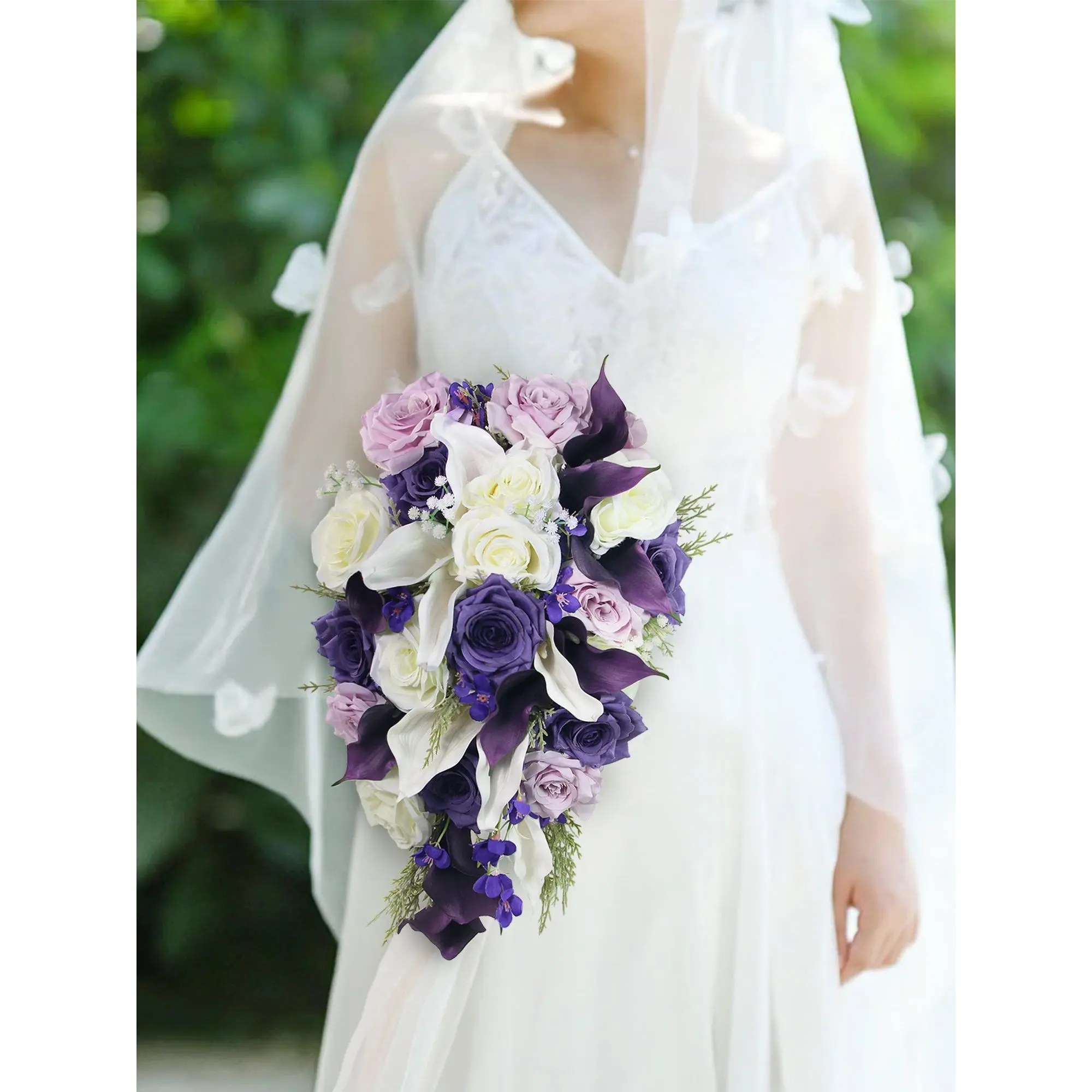 Rinlong Silk Calla Lilies Cascading Bridal Bouquet - 11in W x 19in H White & Lavender Arrangement with White Roses, Foam Base, Captures Natural Beauty of Fresh Blooms for Weddings, Home Parties