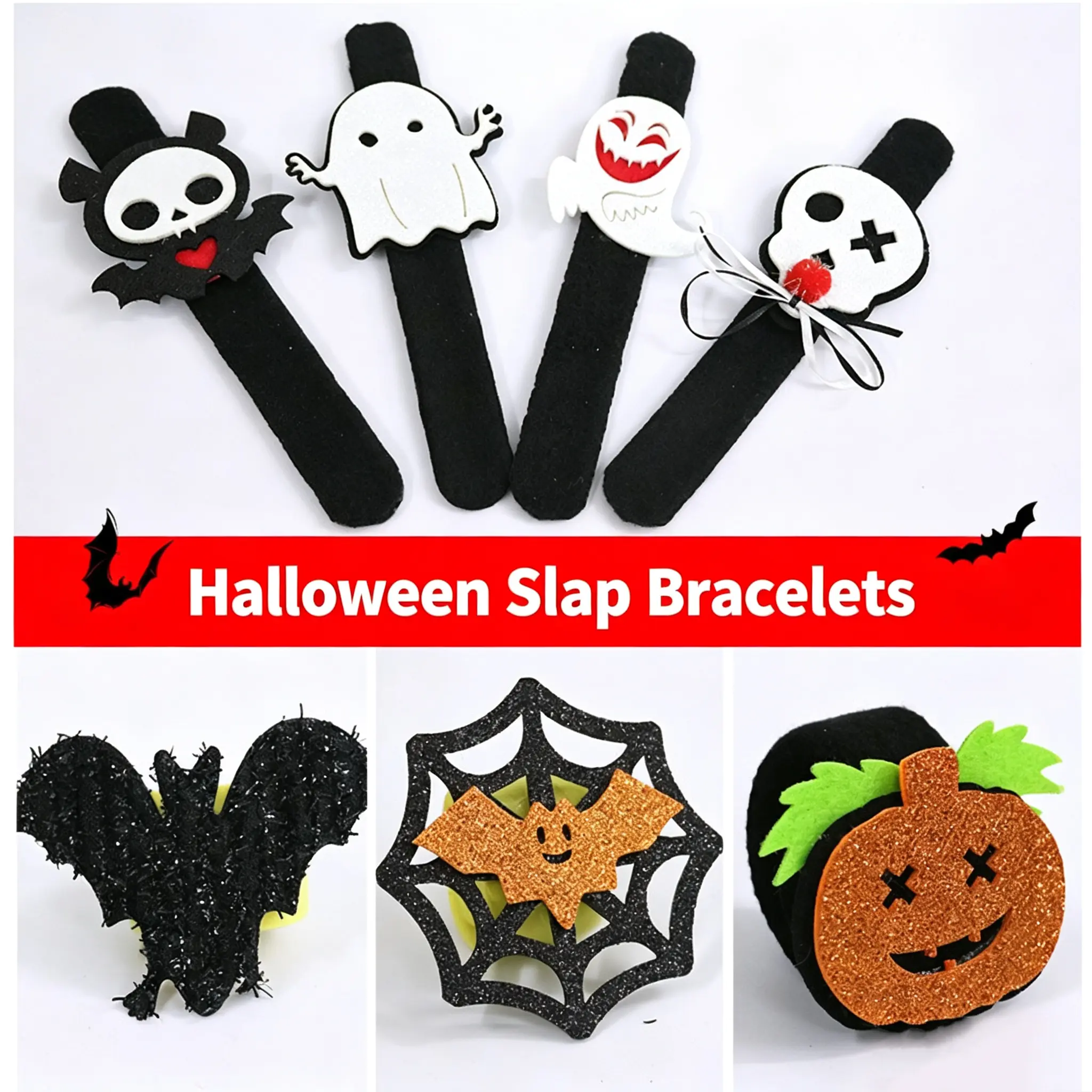 5-PCS Halloween Slap Bracelets, Glitter Felt Wrist Bands With Pumpkin Ghost Bat And Skull Charms, Lightweight Adjustable Party Wrist Decor, Costume Accessory For Trick‑or‑Treating, Cosplay And Holiday Gathering
