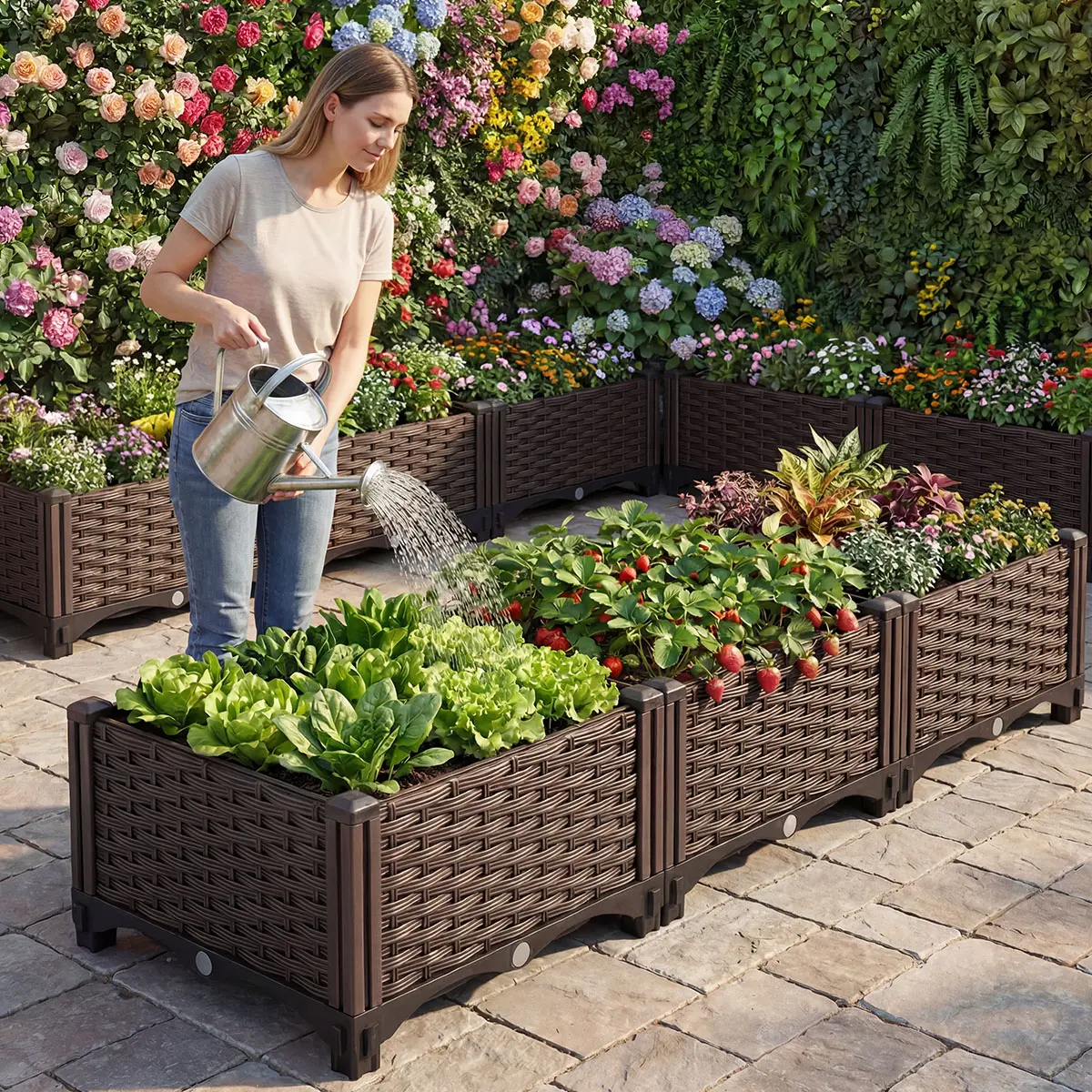 Self Watering Raised Garden Bed | Modular Outdoor Planter Box for Patio Vegetable Herb Gardening