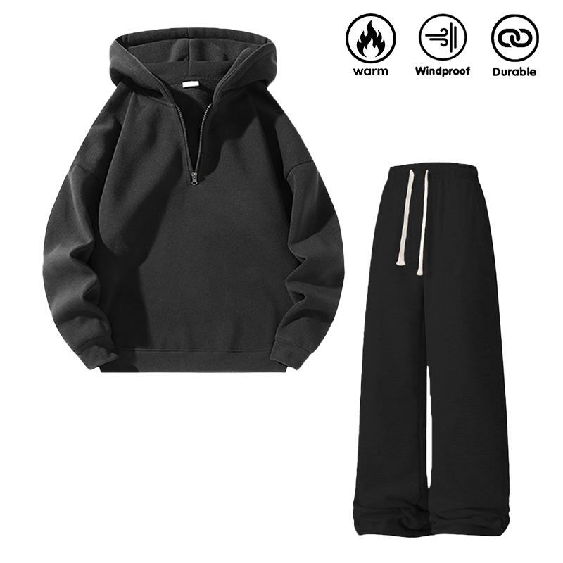 Men’s solid-color fashion two-piece sweatshirt set, regular fit, casual drop-shoulder half-zip hooded sweatshirt + drawstring sweatpants with pockets, suitable for 20-year-old boys, autumn/winter wear, ideal for everyday wear and workouts
