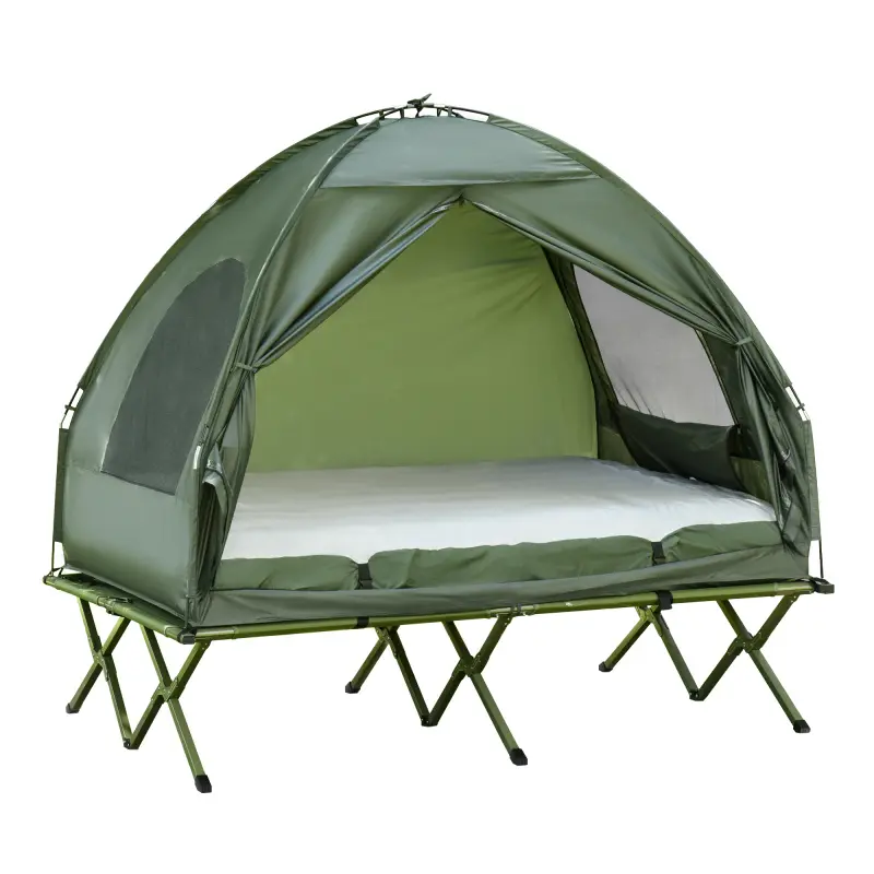 Outsunny 2-Person 4-In-1 Blow Up Inflatable Tent Set, Polyester Sturdy Windproof Waterproof Heavy-Duty Foldable Elevated Outdoor Furniture, 352lb Capacity Thick Air Mattress, Bedspread, Heavy Duty Camping Portable Outdoor Equipment