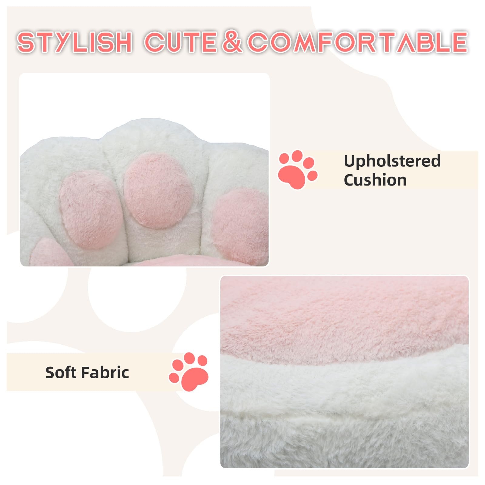 Vanity Chair with Wheels,Cute Cat Paw Office Chair with Back,360°Rotating Height Adjustable Armless Chair in Vibrant Color-Blocking,Small Desk Chair,Plush Cushion for Bedroom,Make-Up Room Home Office