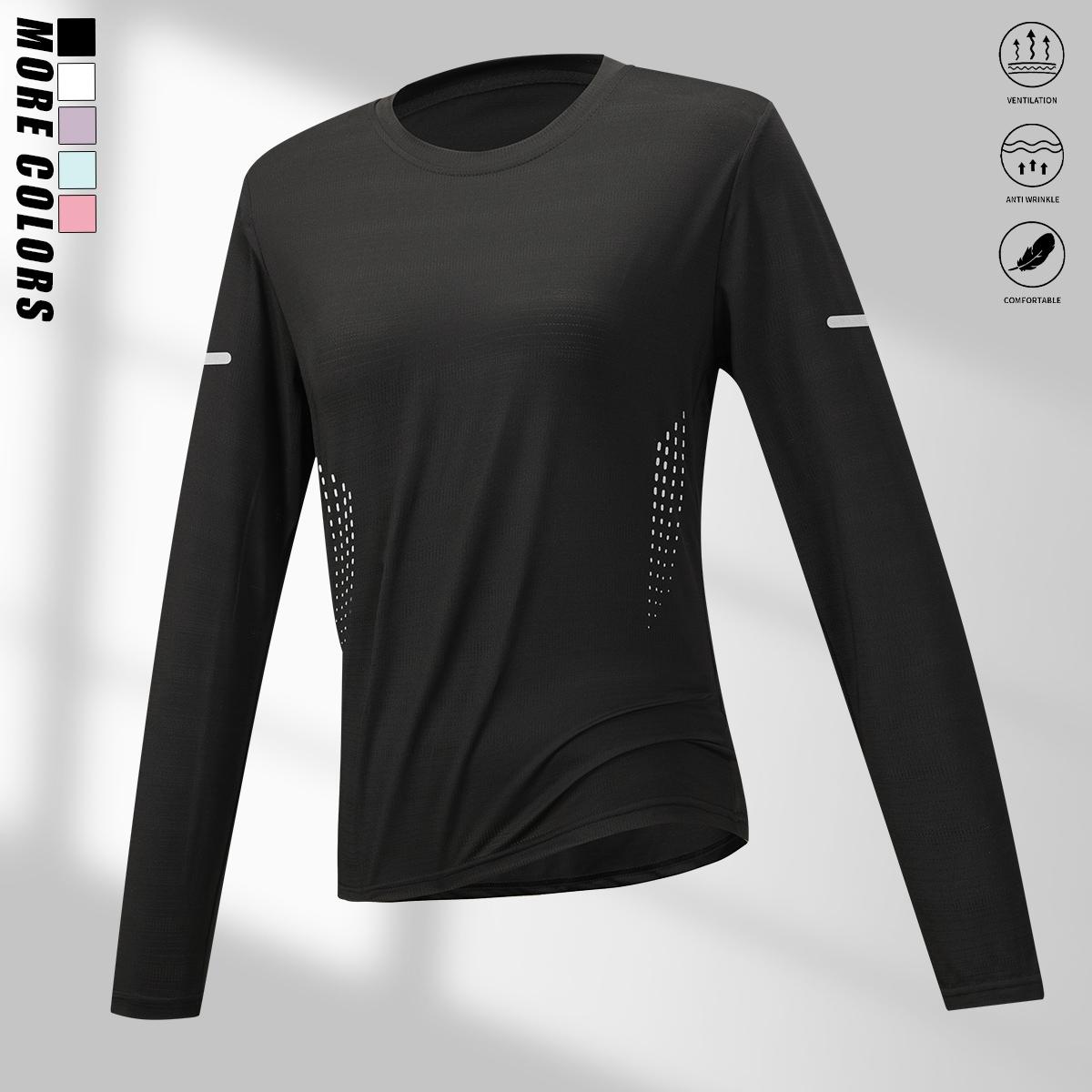 Women's Crewneck Workout Tops (Pack of 4) - Dry Fit Pullover, Plain Long Sleeve Polyester Blouses, Reflective Stripes, Breathable, Lightweight, Comfortable, Normal Fit, Casual Athletic Style, Suitable for Running, Fitness, All Seasons Clothes for Women, W