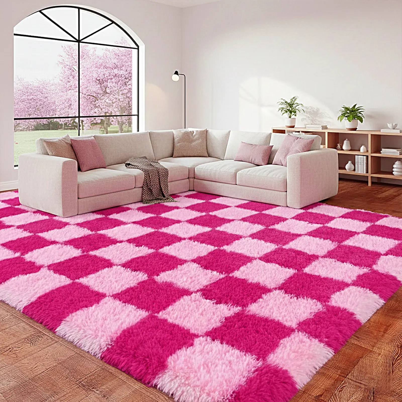 【10 Orders Daily Limit】QULINT Fluffy Checkered Shag Area Rug for Bedroom Living Room, Modern Geometric Grid Plush Carpet with Upgrade Non-Slip Backing, Ultra Soft High Pile Fuzzy Floor Rug for Home Decor, Cozy SilkTouch Rug for Apartment Dorm Nursery Room