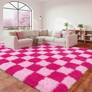 QULINT Fluffy Checkered Shag Area Rug for Bedroom Living Room, Modern Geometric Grid Plush Carpet with Upgrade Non-Slip Backing, Ultra Soft High Pile Fuzzy Floor Rug for Contemporary Home Decor, Cozy Silk-Touch Shag Rug for Apartment Dorm Nursery Room