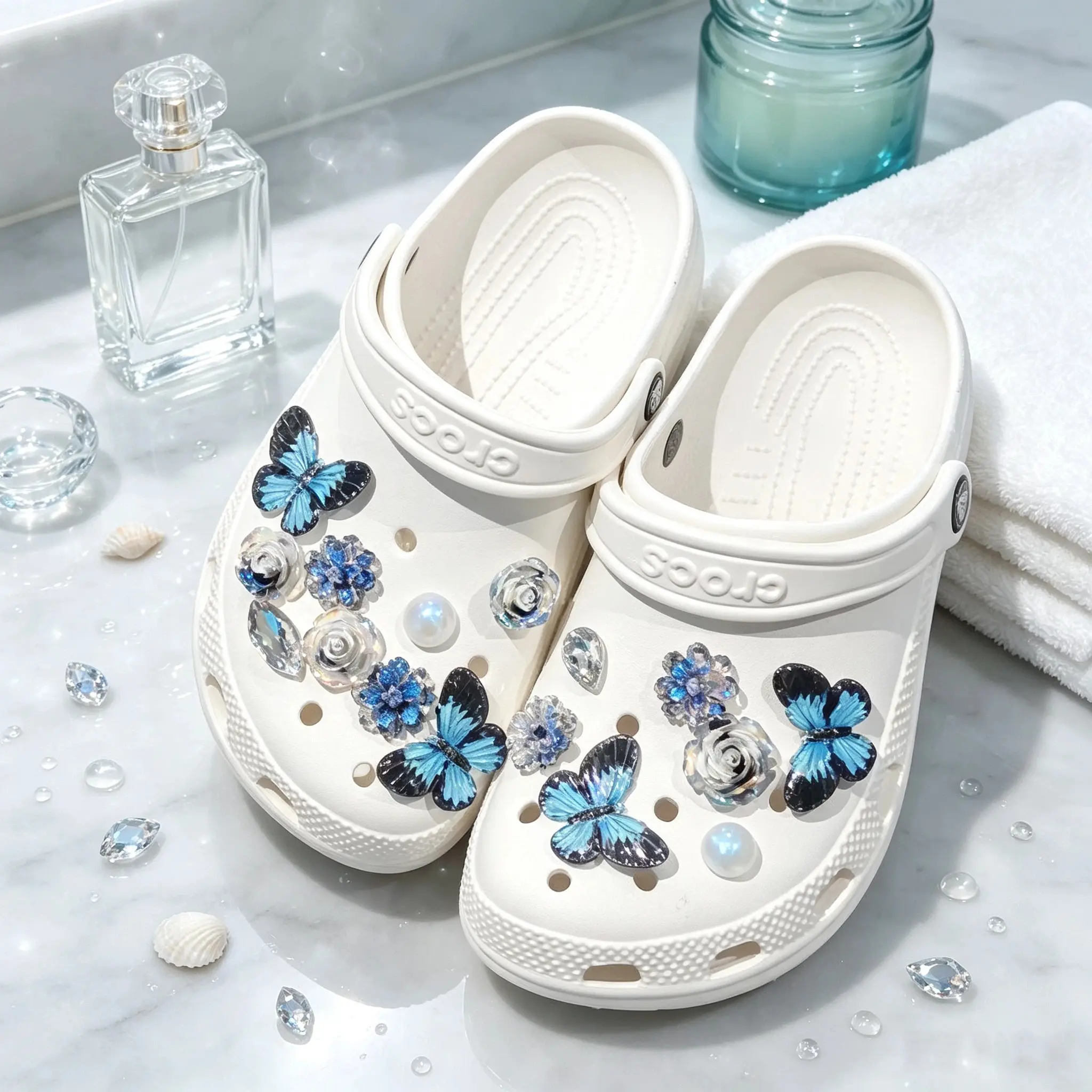 16pcs PVC Basic Foldable Shoe Decoration Charms, 3D Blue Butterfly & Flower Designs, Detachable DIY Accessories for Clogs, Sandals