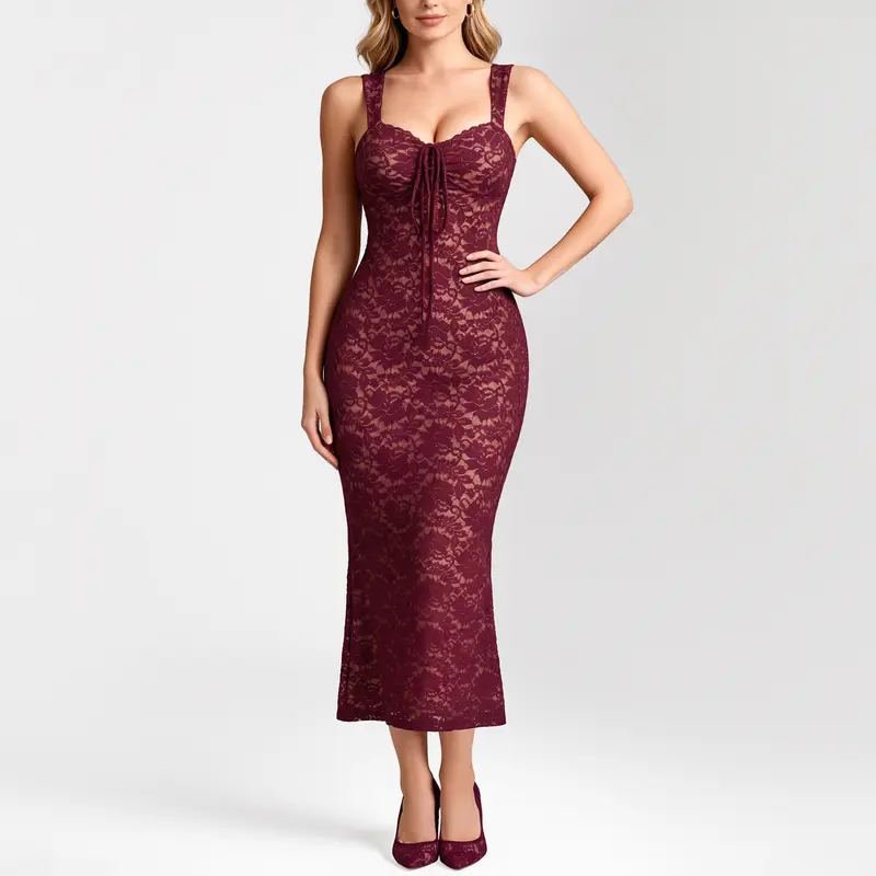 OYV Women's Fashion Floral Elegant Stretchy V-Neck Formal Dress - Sleeveless Spaghetti Straps, Medium Length, Slim Fit, Front Pleated Neck Tie, Mermaid Pencil Skirt, Polyester-Nylon Fabric, Chic Backless, All Seasons, for Formal Wear, Cocktail Party