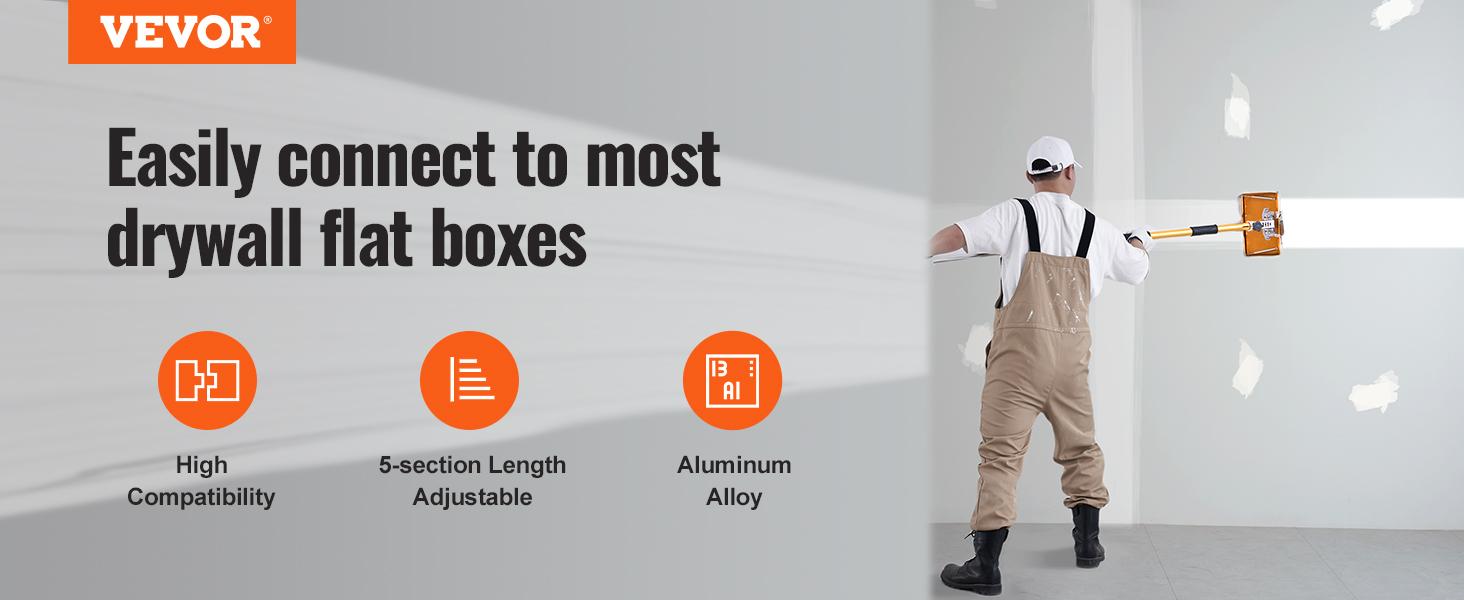 VEVOR Drywall Flat Box Handle,  40''-64'', Anodized Aluminum Flat Finishing Extension Handle, 5-Section Length Adjustable, Non-slip Grip and 360° Painting for Plasterboard, Wallboard, Sheetrock