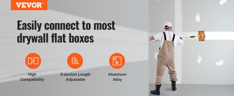VEVOR Drywall Flat Box Handle, 40''-64'', Anodized Aluminum Flat Finishing Extension Handle, 5-Section Length Adjustable, Non-slip Grip and 360° Painting for Plasterboard, Wallboard, Sheetrock VEVOR Drywall Flat Box Handle, 40''-64'', Anodized Aluminum Flat Finishing Extension Handle, 5-Section Length Adjustable, Non-slip Grip and 360° Painting for Plasterboard, Wallboard, Sheetrock