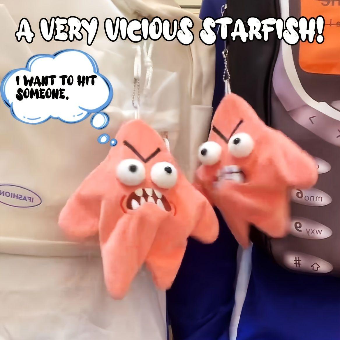 Grumpy Starfish Plush Toy - Soft Pink Starfish with Expressive Eyes and Sharp Teeth GREAT FOR GIFT!