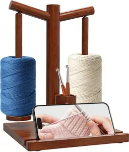 Gkmri Wooden Yarn Holder for Crocheting, Magnetic Yarn Holder Spinner with 360° Rotation & 2 Spindles, All-in-One with Phone Stand & Crochet Hook Storage, Perfect Gifts for Knitters